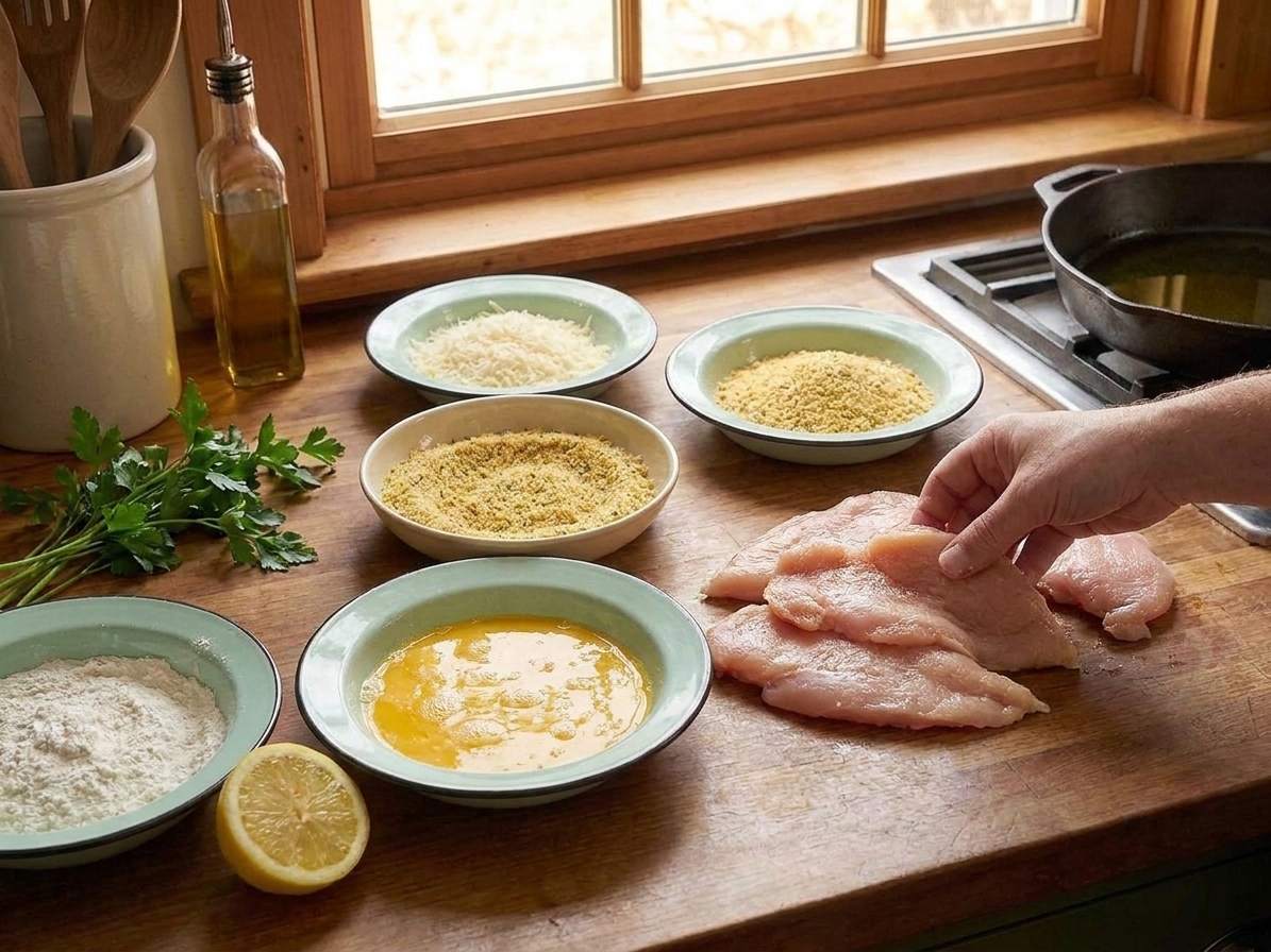 Raw chicken cutlets, grated Parmesan, breadcrumbs, eggs, flour, lemon, and parsley arranged on a clean kitchen counter with a skillet nearby