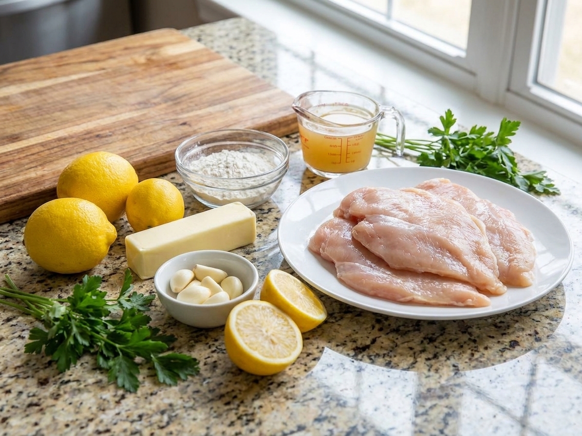 Raw chicken cutlets, lemons, garlic, butter, chicken broth, flour, and parsley laid out on a light kitchen counter