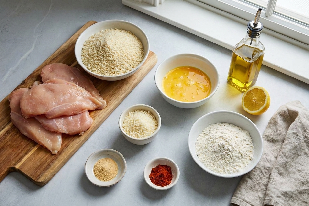 Raw chicken cutlets, panko breadcrumbs, eggs, flour, Parmesan, garlic powder, paprika, lemon, and oil arranged on a clean kitchen counter