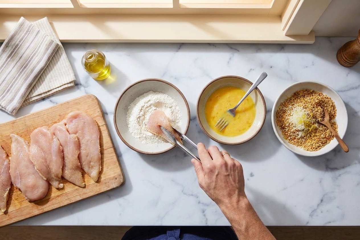 Raw chicken cutlets pounded thin beside a three-bowl breading station with flour, egg, and breadcrumb mixture on a clean kitchen counter