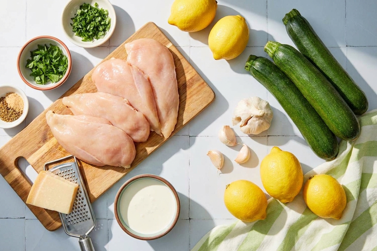 Raw chicken cutlets, whole zucchini, lemons, garlic, Parmesan, and cream arranged on a light kitchen counter with a cutting board and small bowls