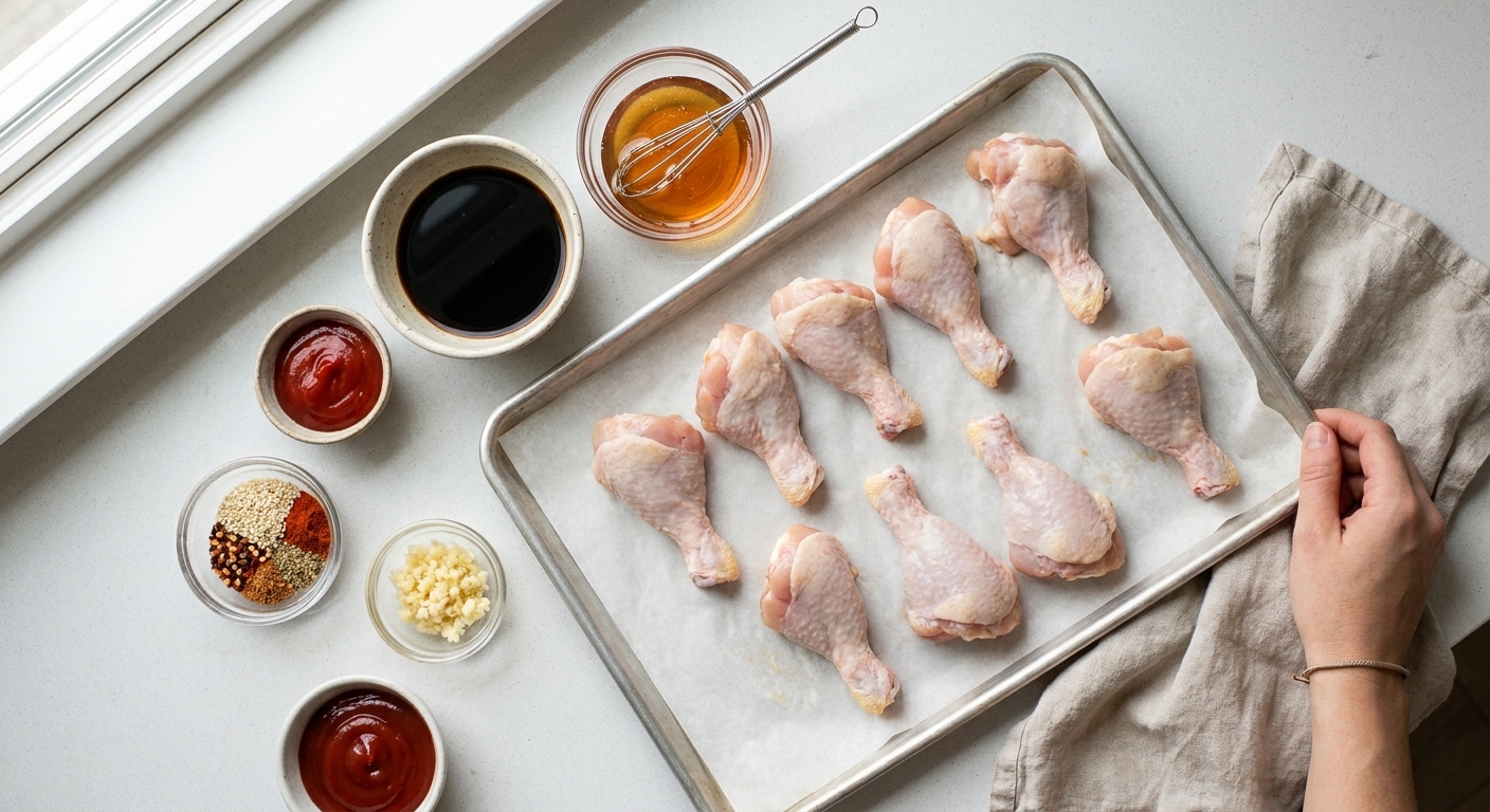 Raw chicken drumettes on a sheet pan with small bowls of soy sauce, honey, ketchup, garlic, and spices on a bright kitchen counter