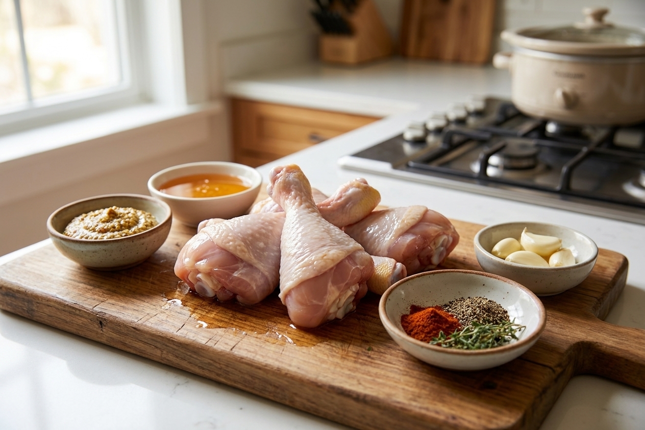 Raw chicken drumsticks on a cutting board beside small bowls of mustard, honey, garlic, and spices on a bright kitchen counter