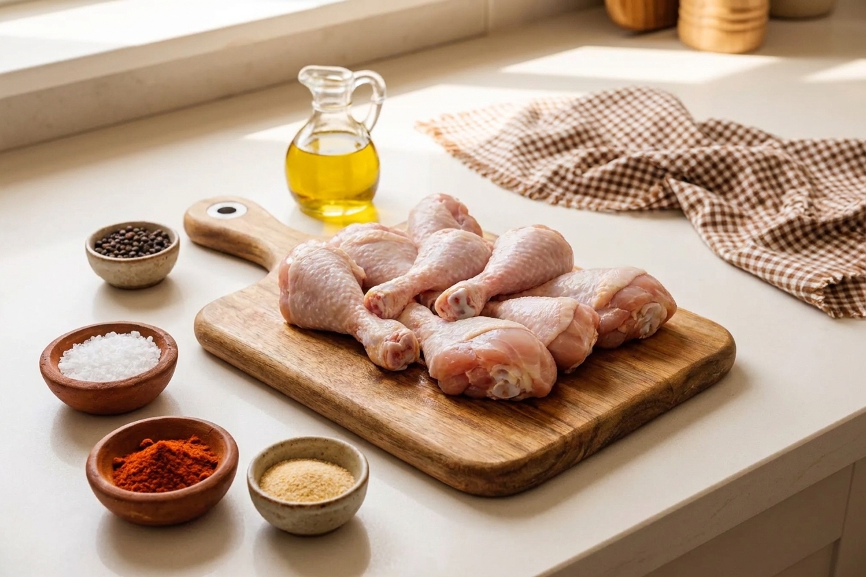 Raw chicken drumsticks on a cutting board next to small bowls of salt, pepper, paprika, garlic powder, and oil on a bright kitchen counter