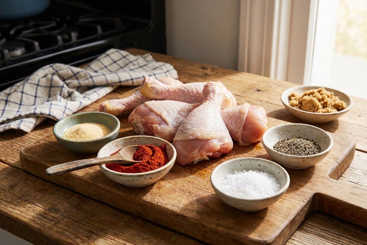 Raw chicken drumsticks on a cutting board with small bowls of paprika, garlic powder, salt, pepper, and brown sugar on a kitchen counter