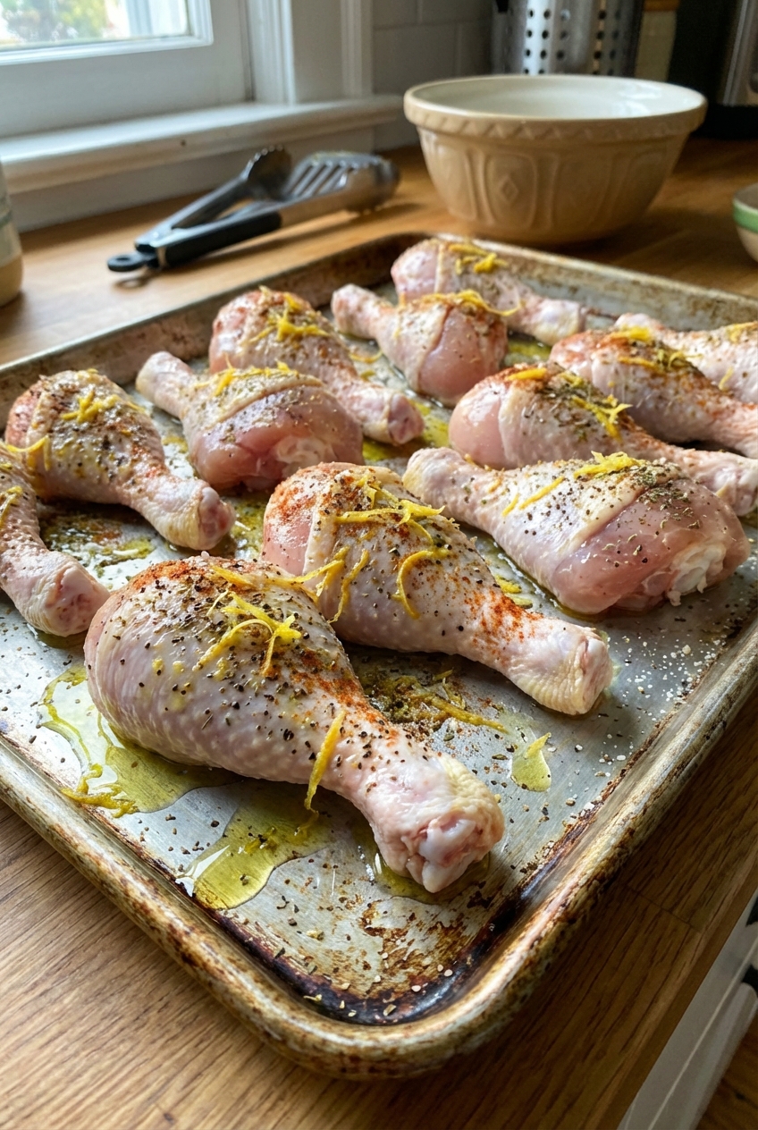 Raw chicken drumsticks on a rimmed baking sheet coated in lemon zest, spices, and olive oil