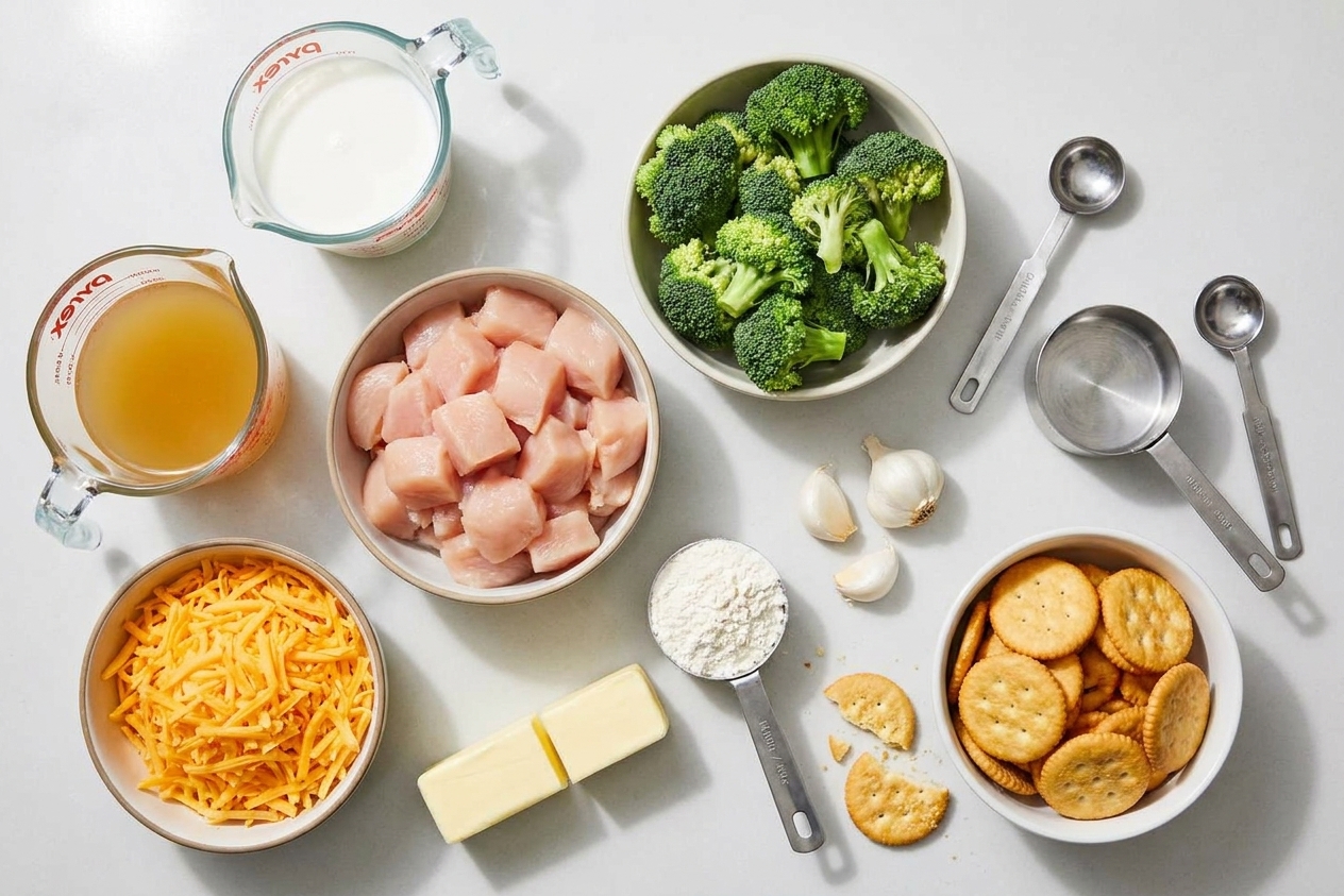 Raw chicken, fresh broccoli florets, shredded cheddar, milk, broth, butter, flour, garlic, and crackers arranged on a clean kitchen counter with measuring cups