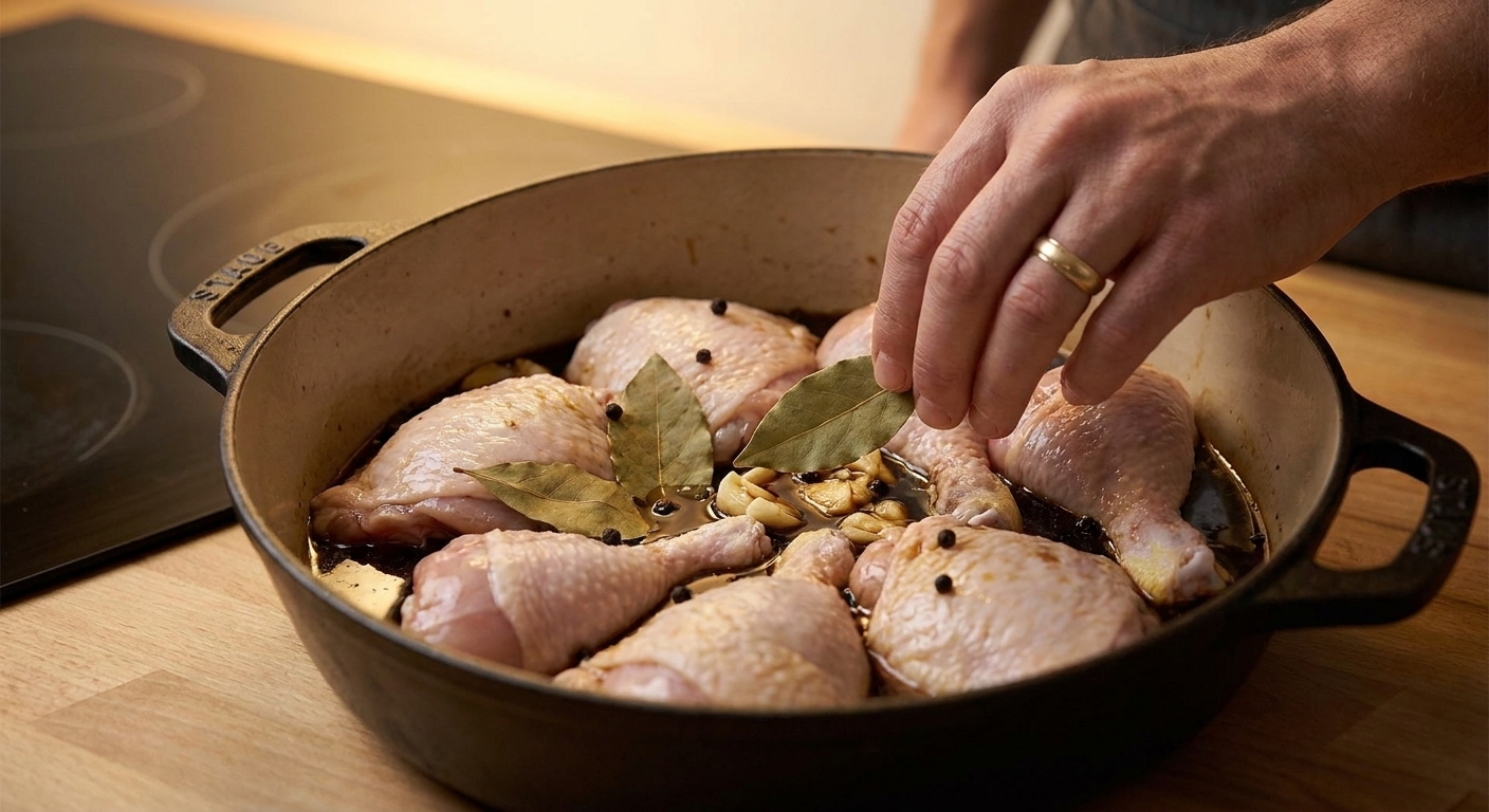 Raw chicken pieces arranged skin-side up in a pot with soy sauce, vinegar, garlic, bay leaves, and peppercorns before cooking