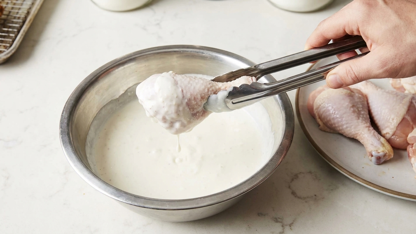Raw chicken pieces being dipped into a bowl of buttermilk mixture with tongs over a kitchen counter