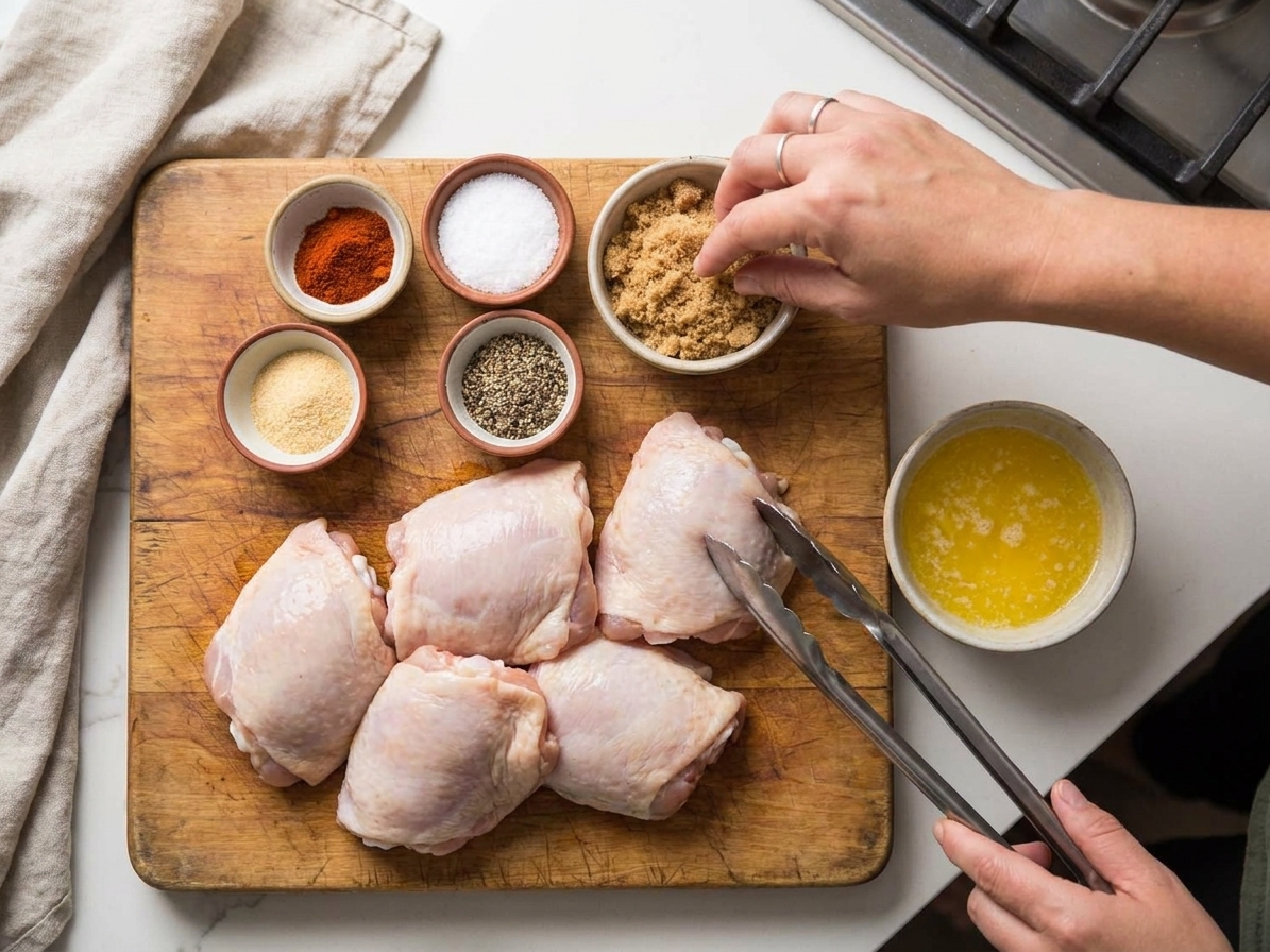 Raw chicken pieces, bowls of kosher salt, brown sugar, paprika, garlic powder, black pepper, and a small bowl of melted butter on a clean kitchen counter with a cutting board and tongs