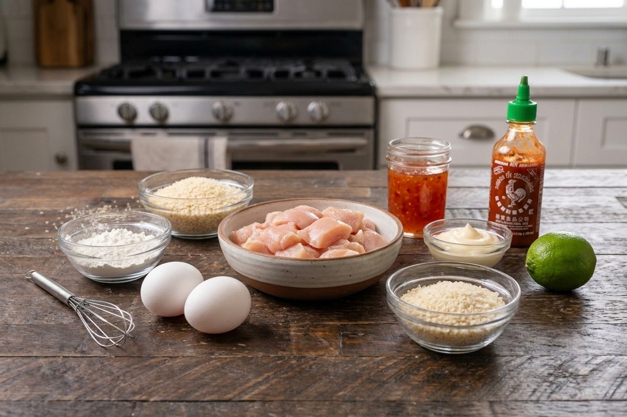 Raw chicken pieces, cornstarch, eggs, panko, sweet chili sauce, mayonnaise, sriracha, and lime arranged on a bright kitchen counter