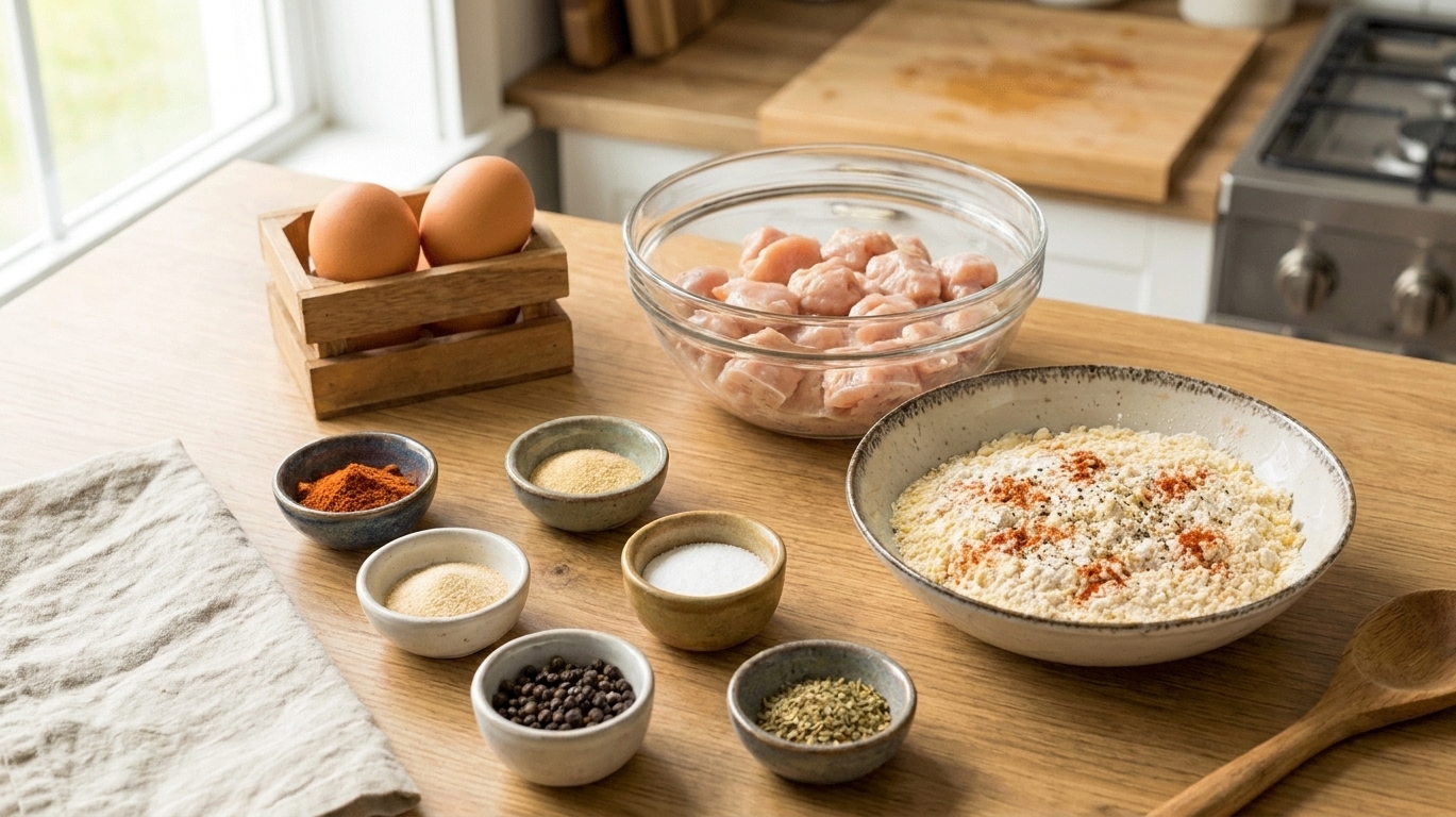 Raw chicken pieces, flour, cornstarch, spices, eggs, and small bowls of seasonings arranged on a bright kitchen counter