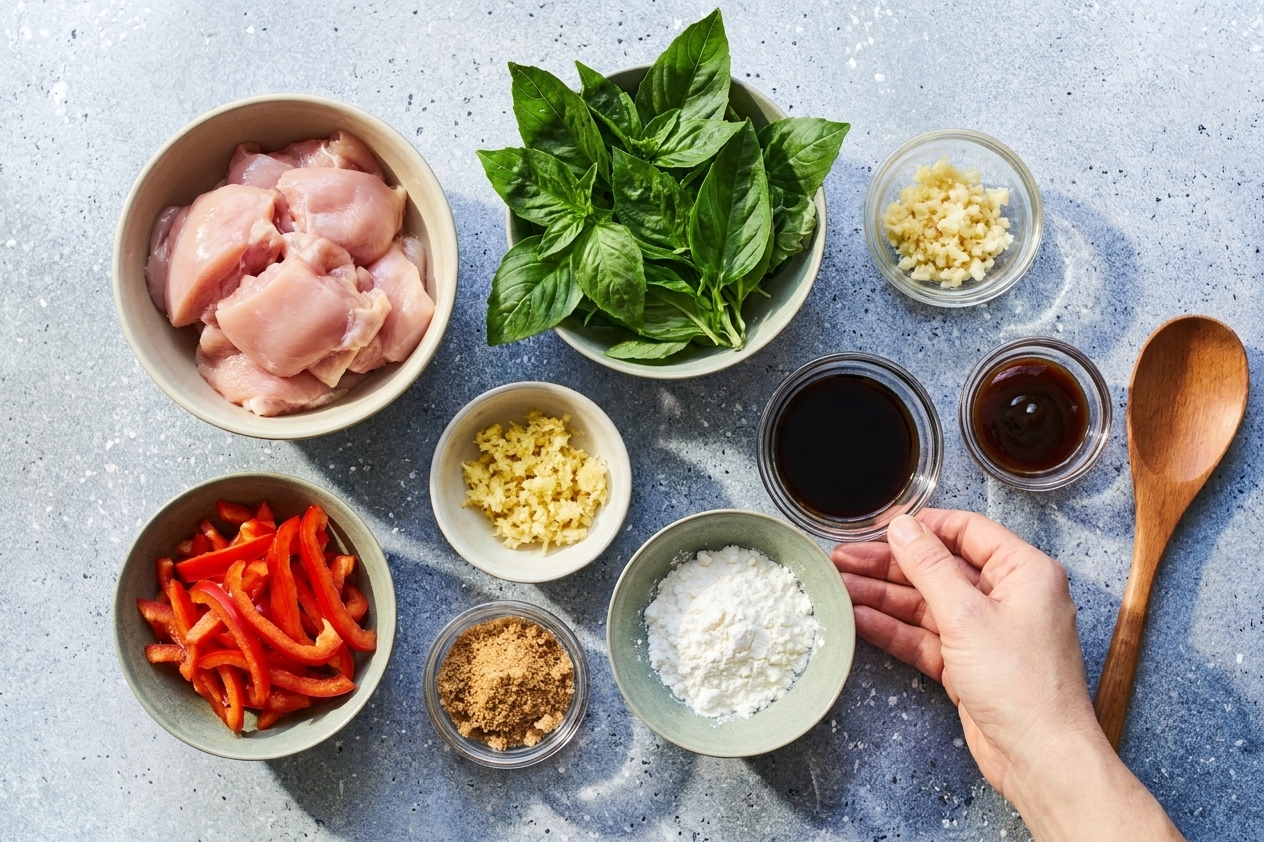 Raw chicken pieces, fresh basil, garlic, ginger, soy sauce, oyster sauce, brown sugar, cornstarch, and sliced bell pepper arranged on a kitchen counter in small bowls