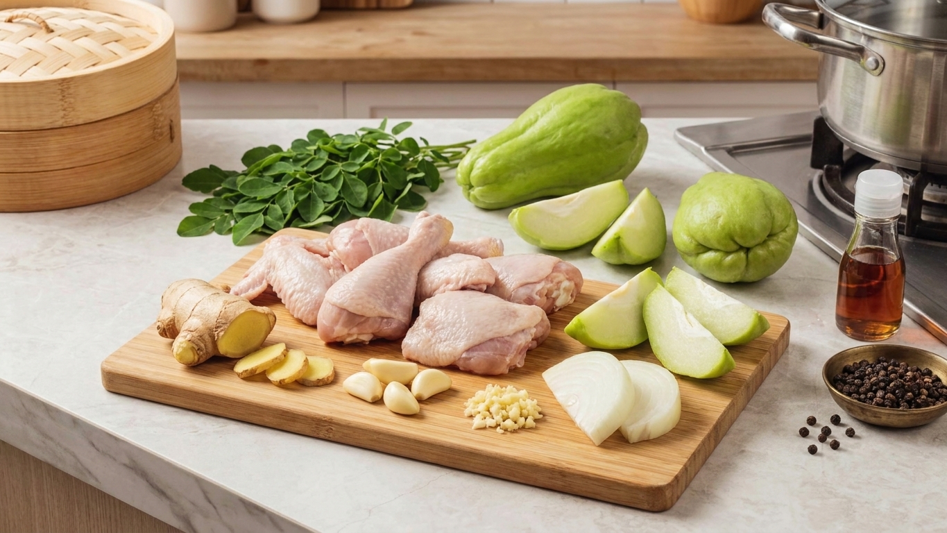 Raw chicken pieces, fresh ginger, garlic, onion, chayote, leafy greens, fish sauce, and black pepper arranged on a clean kitchen counter in warm indoor light