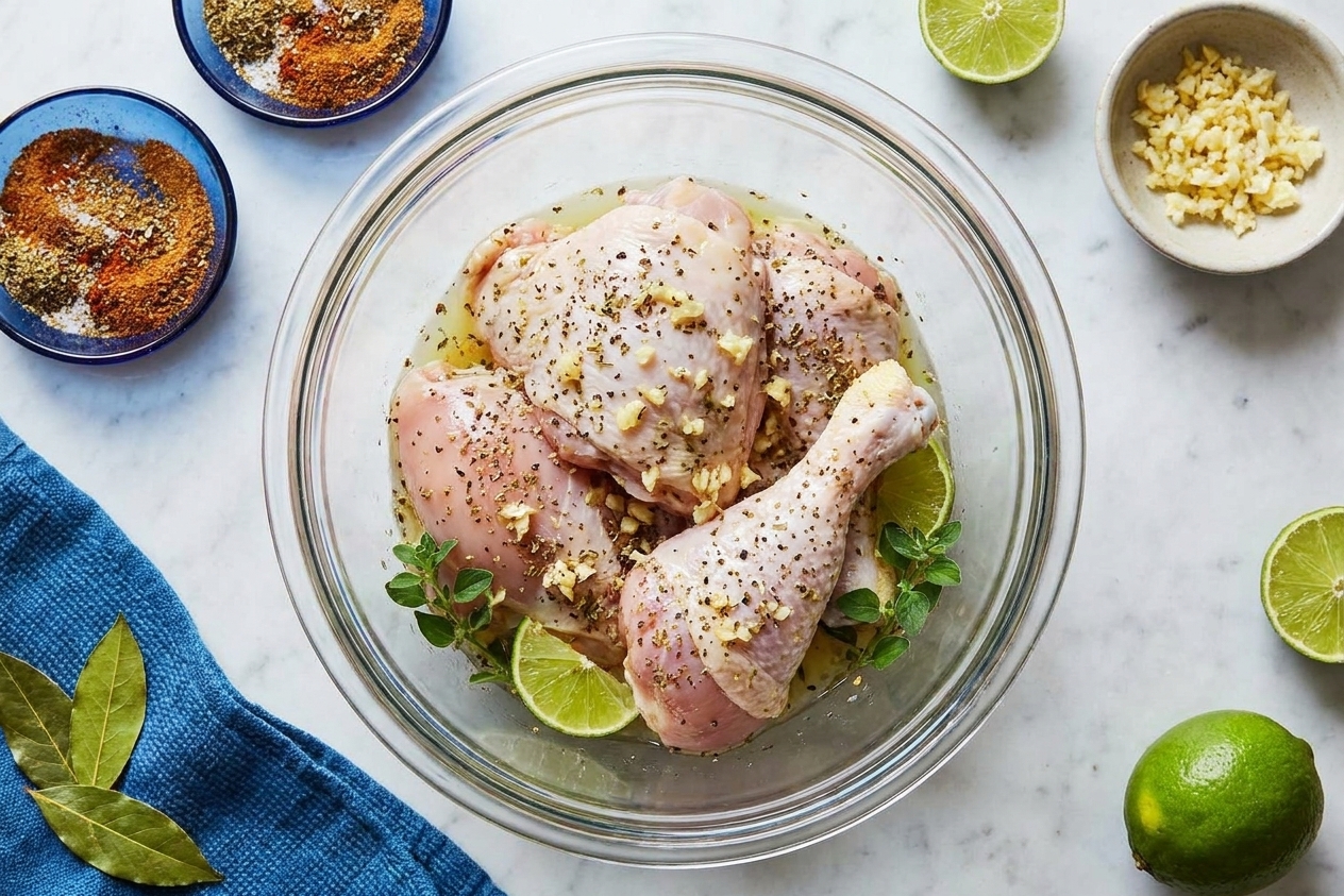 Raw chicken pieces in a glass bowl coated with lime juice, minced garlic, oregano, and black pepper on a kitchen counter