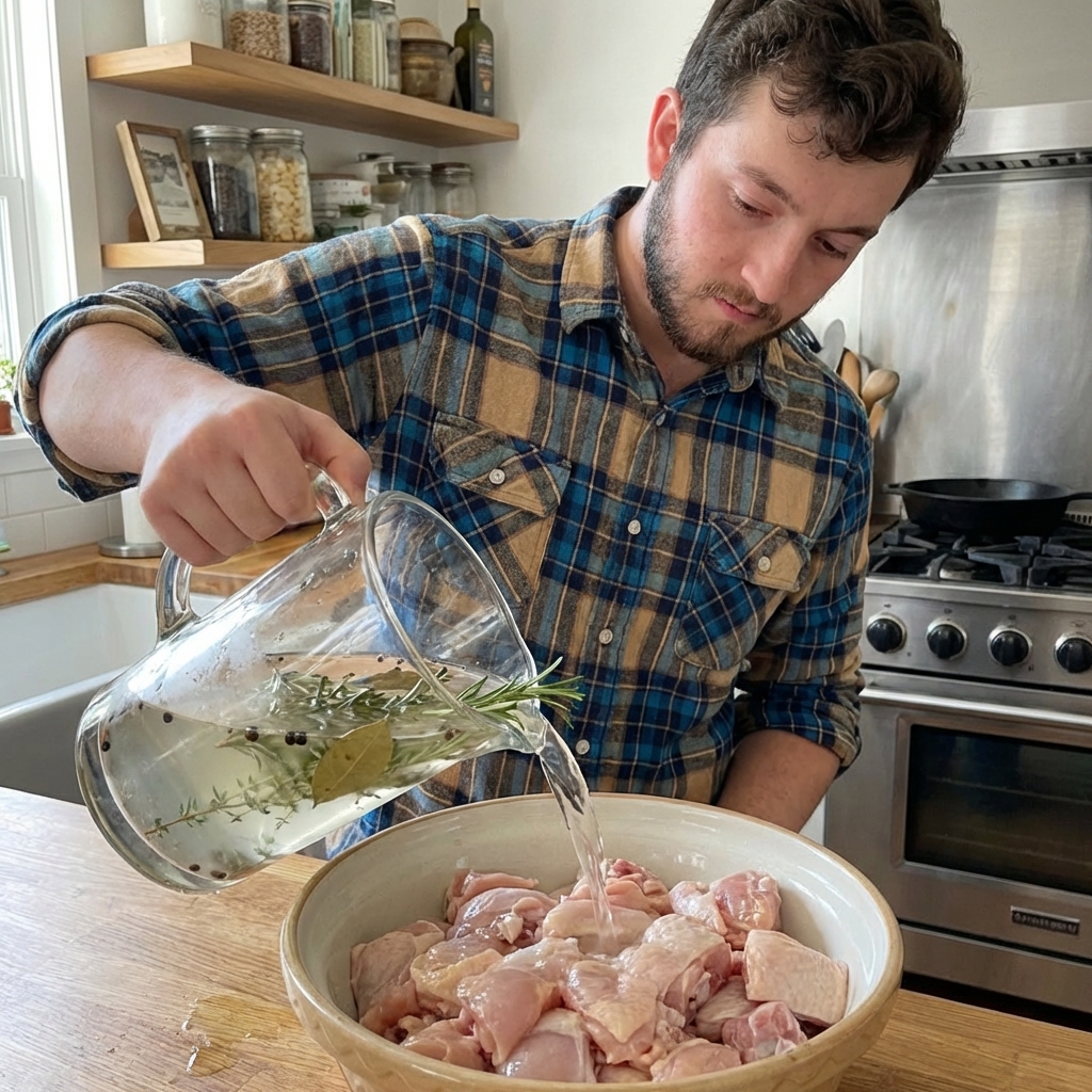 Raw chicken pieces in a large bowl being covered with chilled brine with herbs floating on top