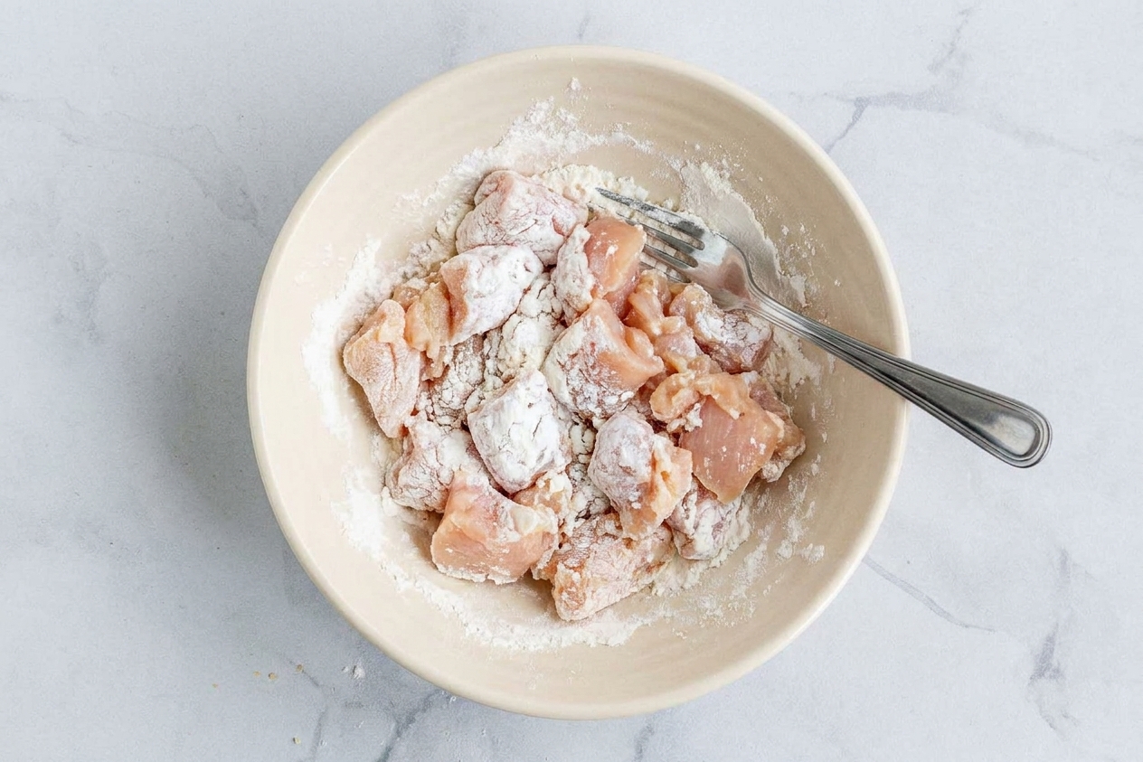 Raw chicken pieces in a mixing bowl with cornstarch and flour mixture, a fork resting on the rim on a bright kitchen counter