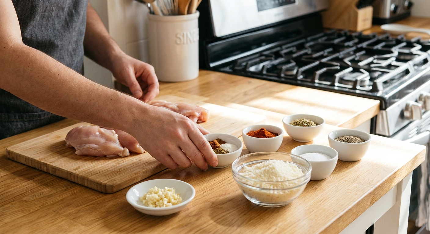 Raw chicken pieces, minced garlic, a bowl of freshly grated Parmesan, and measured spices set out for cooking on a bright kitchen counter
