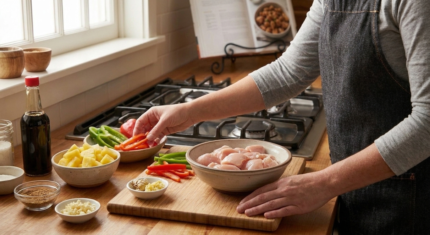 Raw chicken pieces, pineapple chunks, bell peppers, garlic, ginger, soy sauce, and brown sugar arranged on a tidy kitchen counter in consistent warm lighting