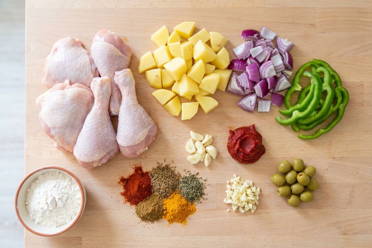 Raw chicken pieces, potatoes, onion, bell pepper, garlic, tomato paste, olives, and spices arranged on a bright kitchen counter
