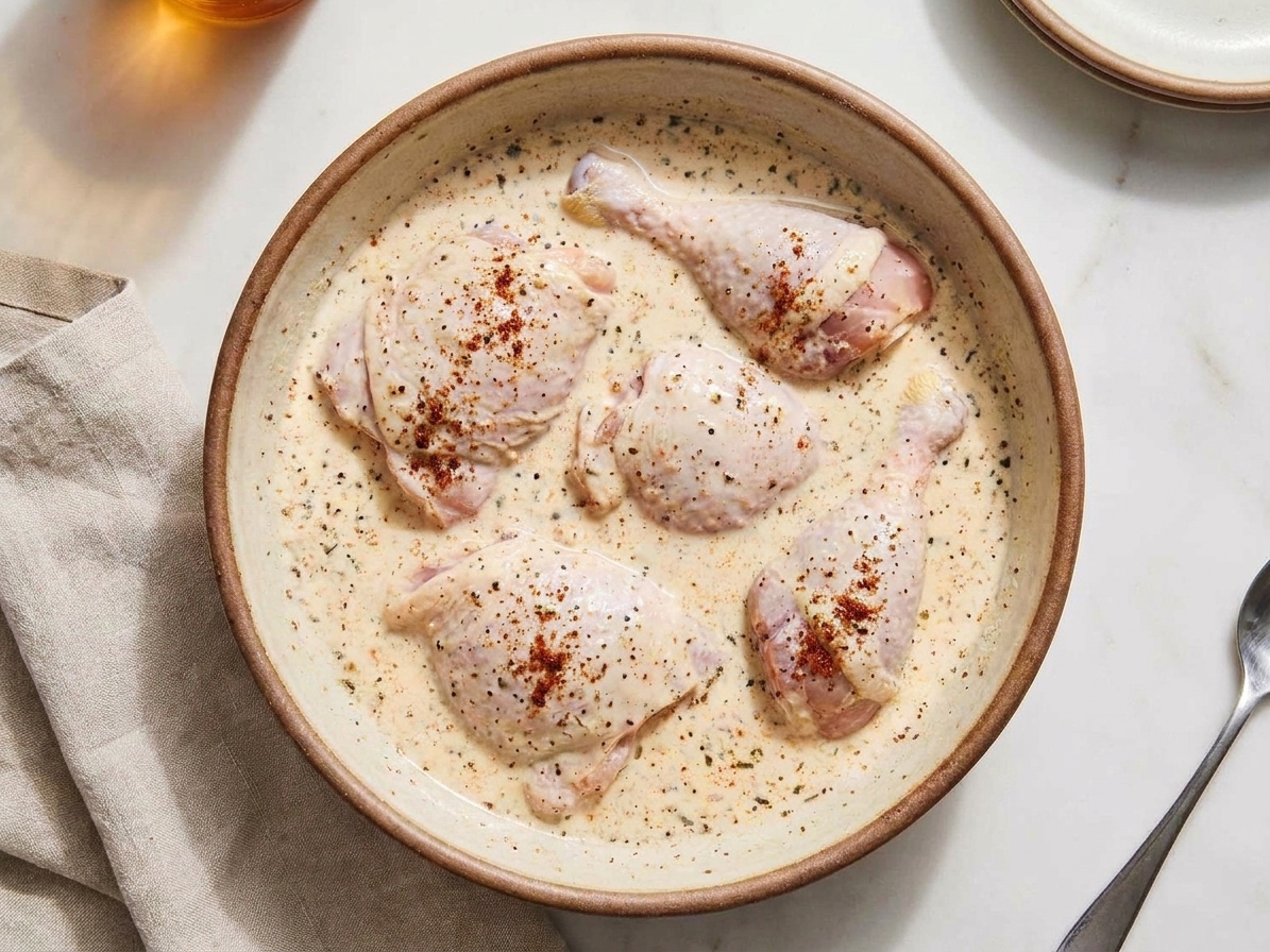 Raw chicken pieces resting in a glass bowl of buttermilk marinade with visible black pepper and paprika on a light kitchen counter