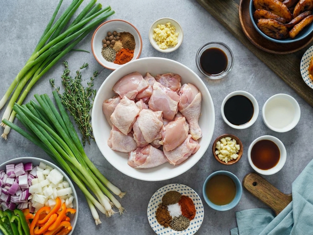 Raw chicken pieces, scallions, thyme, onions, bell peppers, garlic, ginger, soy sauce, vinegar, browning sauce, and spices arranged on a bright kitchen counter