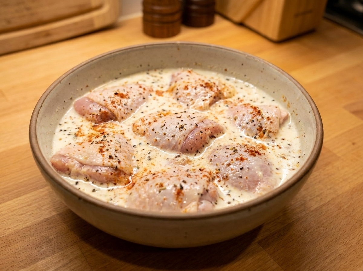 Raw chicken pieces sitting in a bowl of buttermilk brine with visible black pepper and spices on a kitchen counter