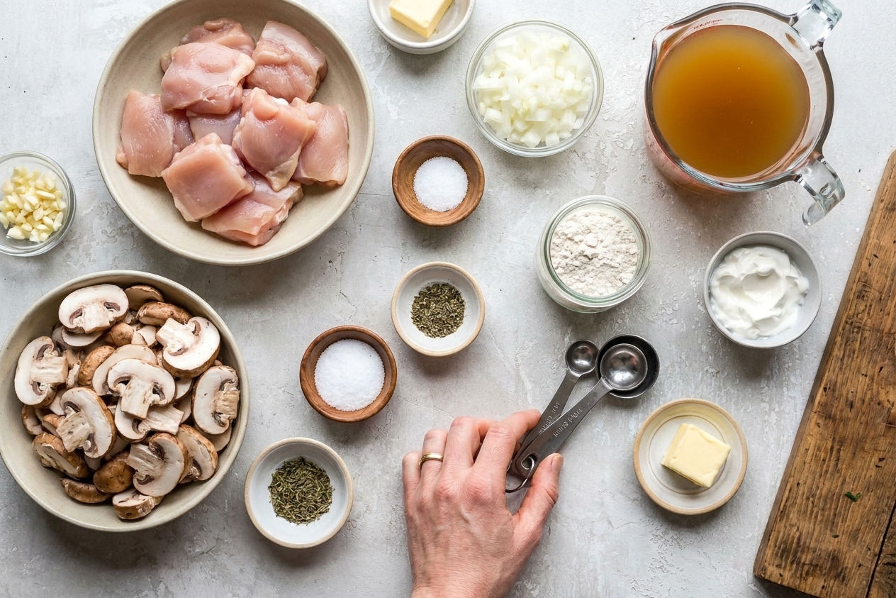Raw chicken pieces, sliced mushrooms, onion, garlic, sour cream, broth, flour, butter, and seasonings arranged on a light kitchen counter with measuring spoons