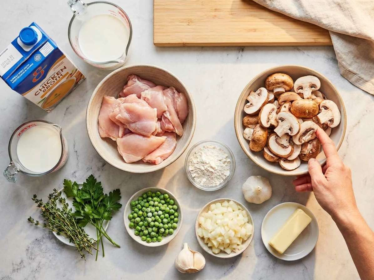 Raw chicken pieces, sliced mushrooms, peas, onion, garlic, butter, flour, chicken broth, milk, and herbs arranged on a clean kitchen counter in warm natural light