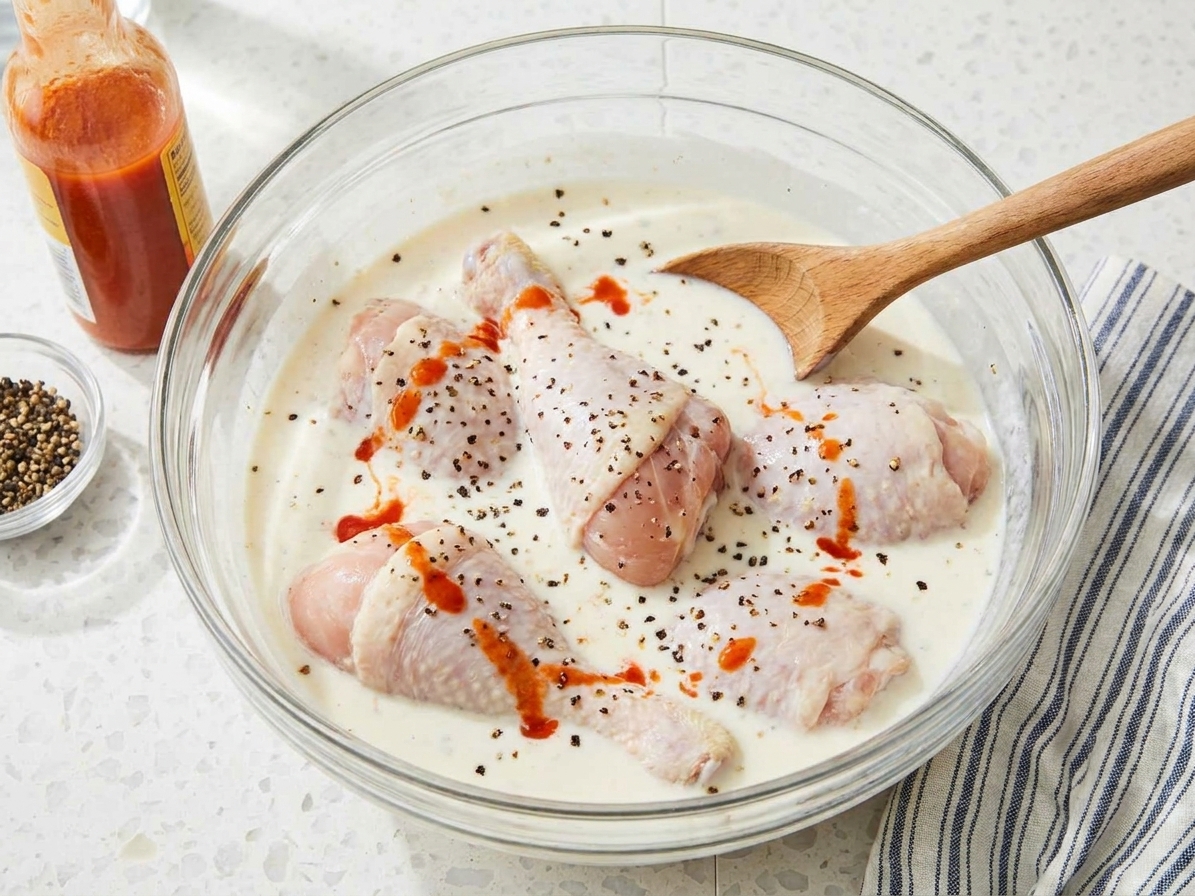 Raw chicken pieces soaking in a bowl of buttermilk with visible black pepper and hot sauce on a kitchen counter