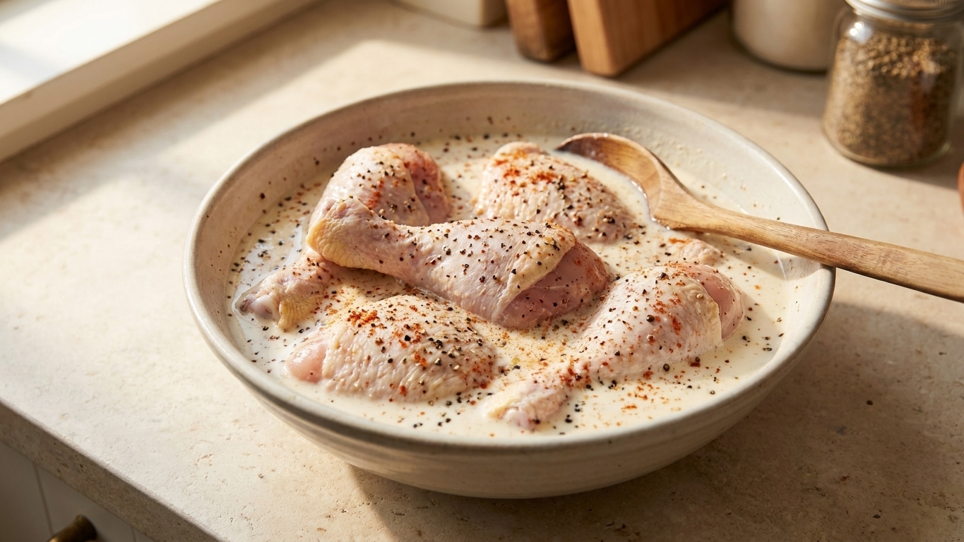 Raw chicken pieces soaking in a bowl of buttermilk brine with visible black pepper and paprika on a kitchen counter under warm light