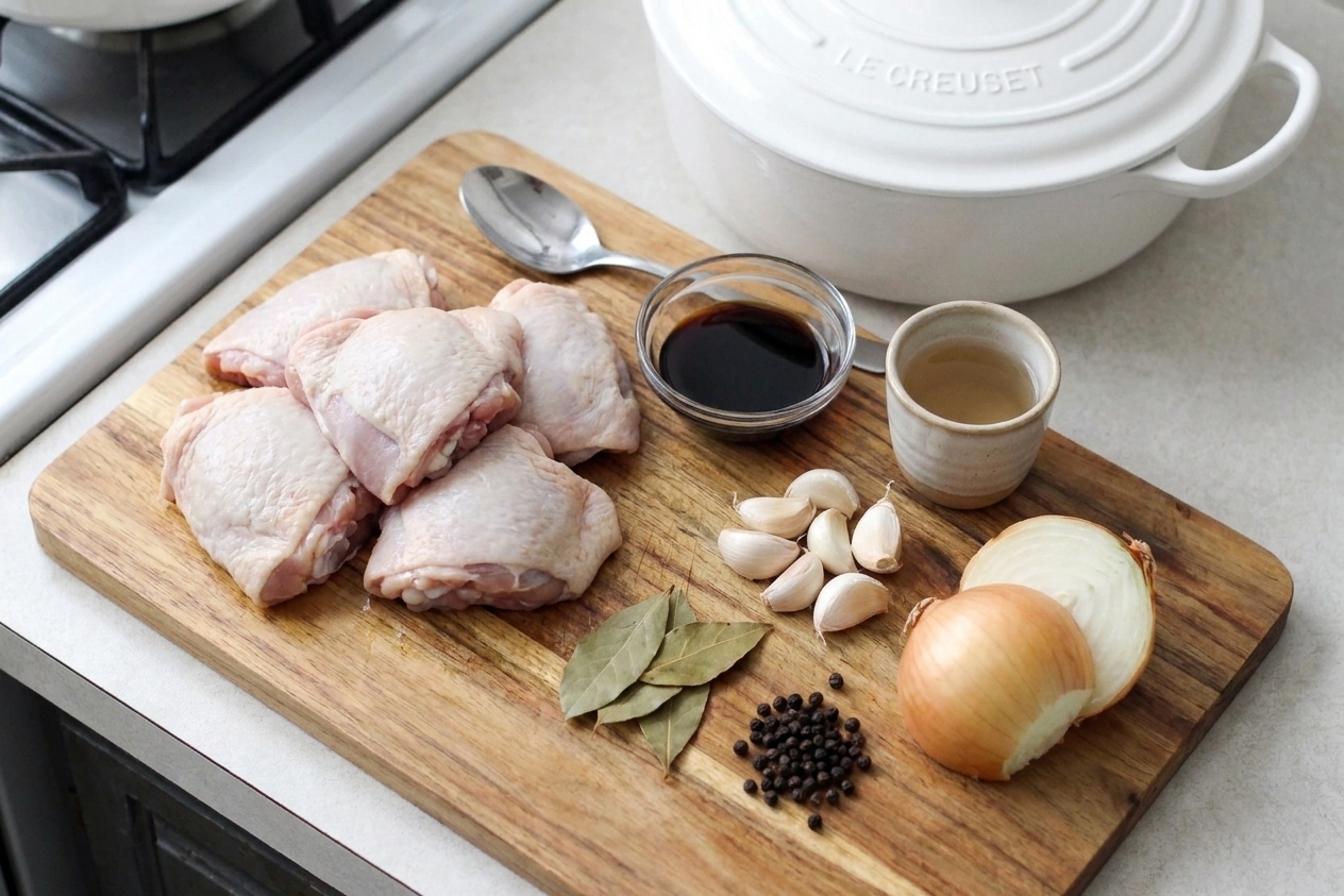 Raw chicken pieces, soy sauce, cane vinegar, garlic cloves, bay leaves, whole black peppercorns, and sliced onion arranged on a bright kitchen counter