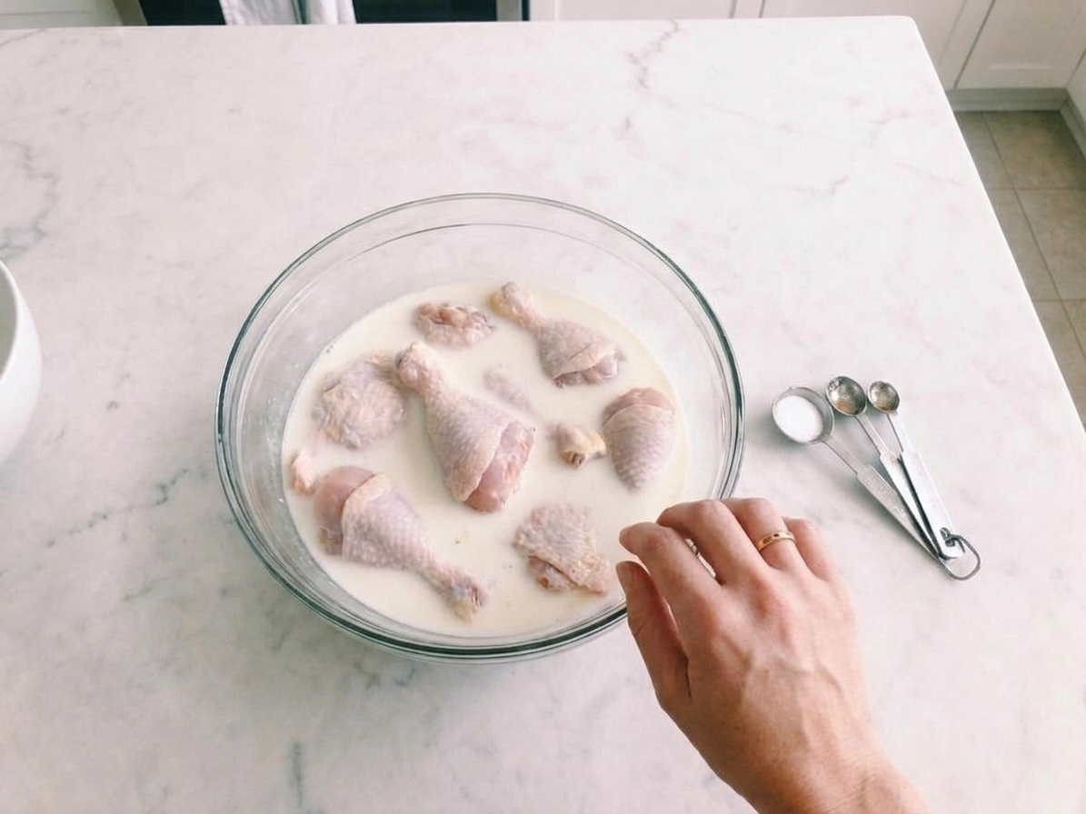 Raw chicken pieces submerged in buttermilk brine in a glass mixing bowl on a kitchen counter with measuring spoons nearby