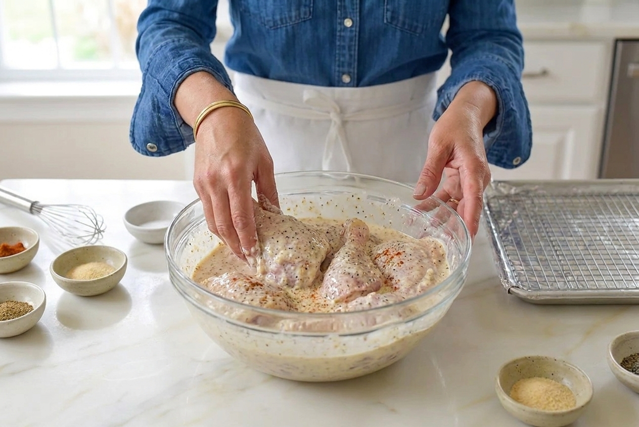 Raw chicken pieces submerged in seasoned buttermilk marinade in a large glass bowl on a kitchen counter