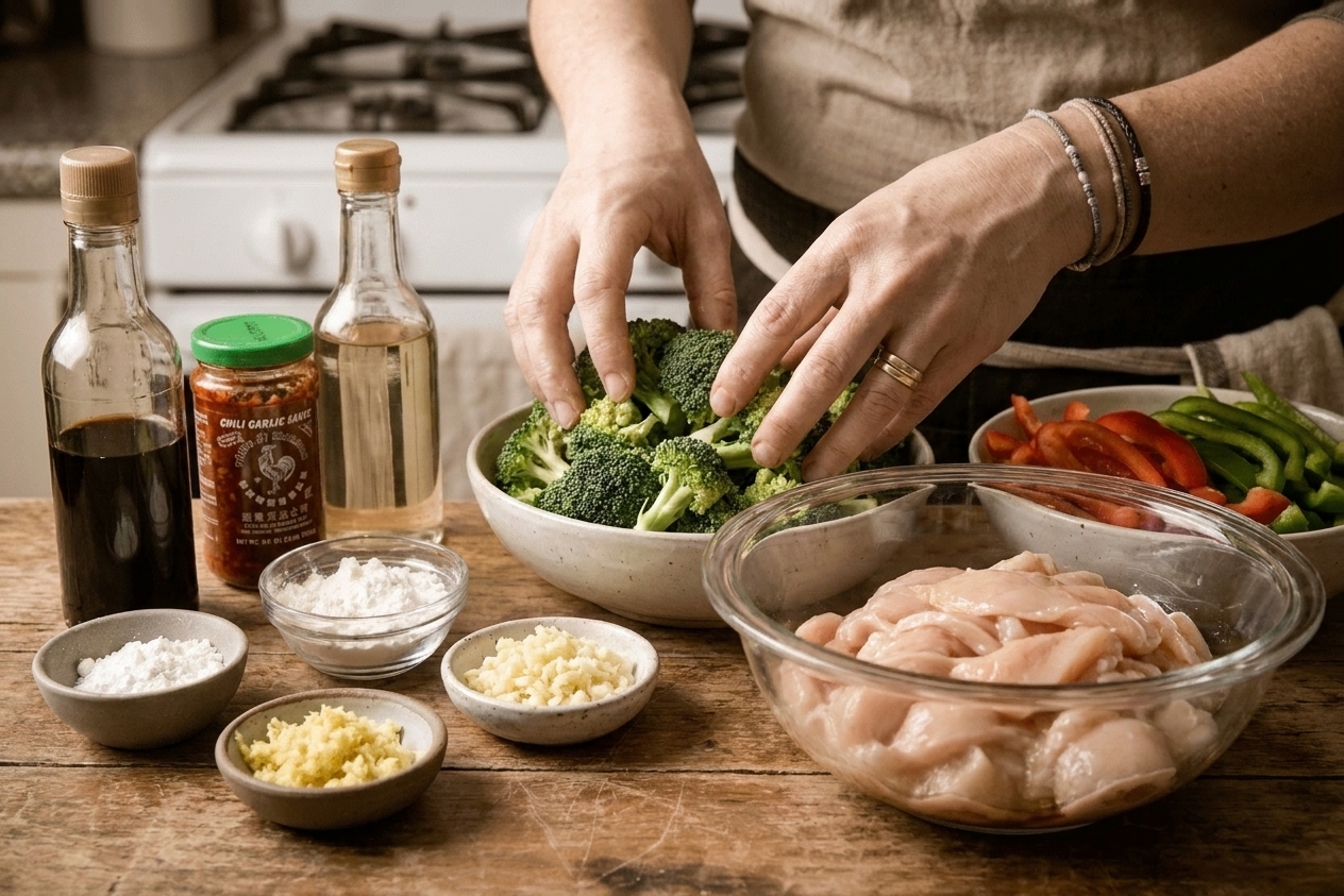 Raw chicken slices, broccoli florets, sliced bell peppers, garlic, ginger, soy sauce, chili garlic sauce, vinegar, and cornstarch arranged on a bright kitchen counter