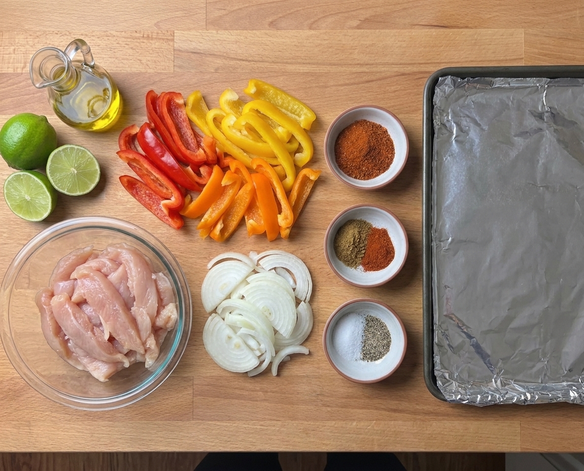 Raw chicken strips, sliced bell peppers, sliced onion, spices, oil, and limes arranged on a clean kitchen counter with a sheet pan nearby