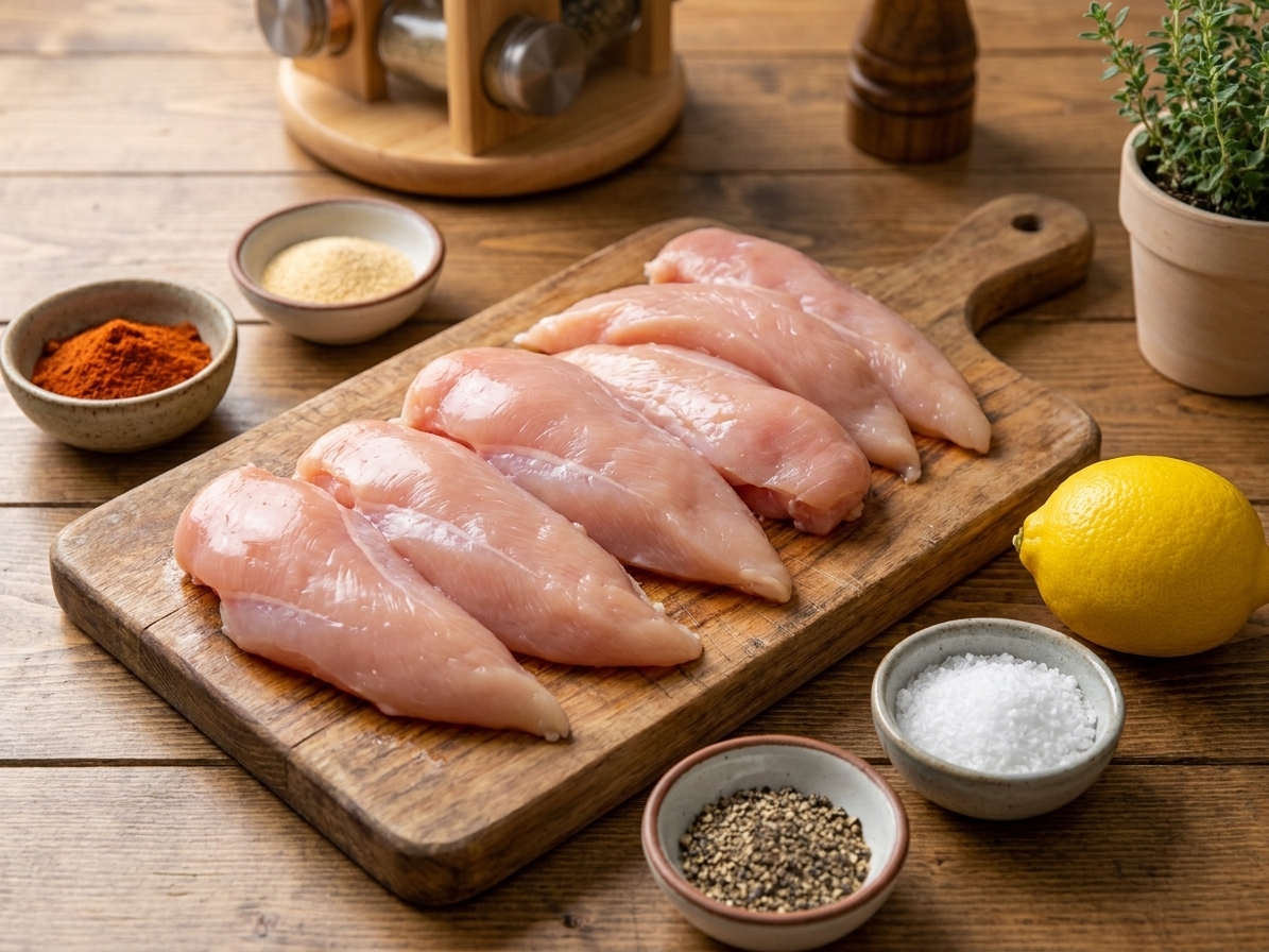 Raw chicken tenderloins arranged on a cutting board with small bowls of paprika, garlic powder, salt, pepper, and a lemon nearby on a tidy kitchen counter