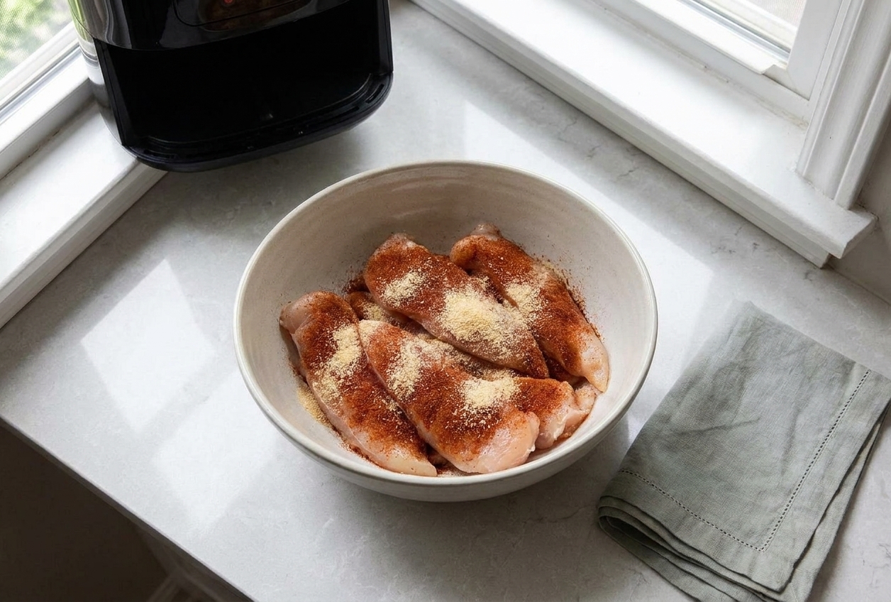 Raw chicken tenderloins in a mixing bowl coated with paprika and garlic powder seasoning