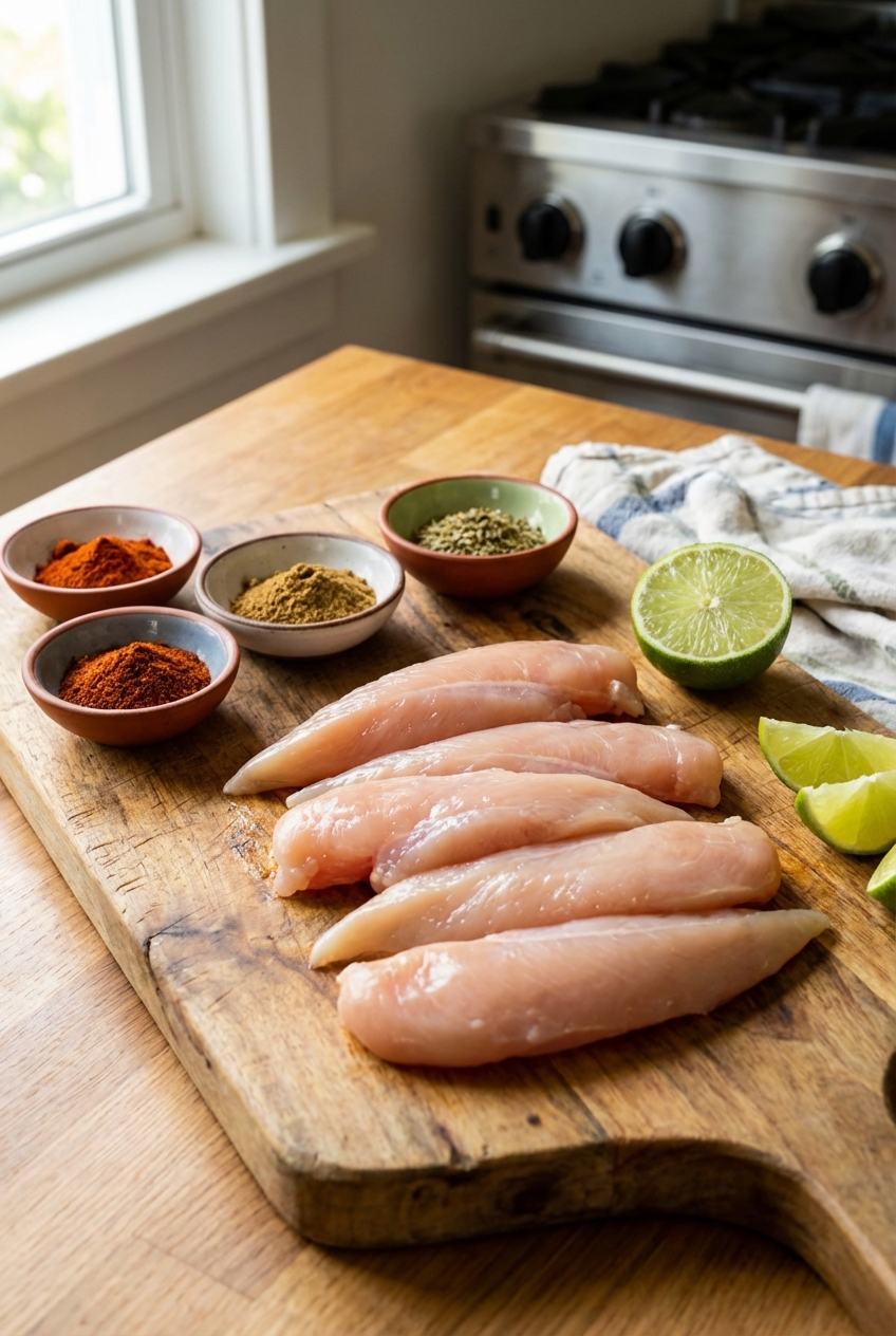 Raw chicken tenderloins on a cutting board with small bowls of spices and a lime