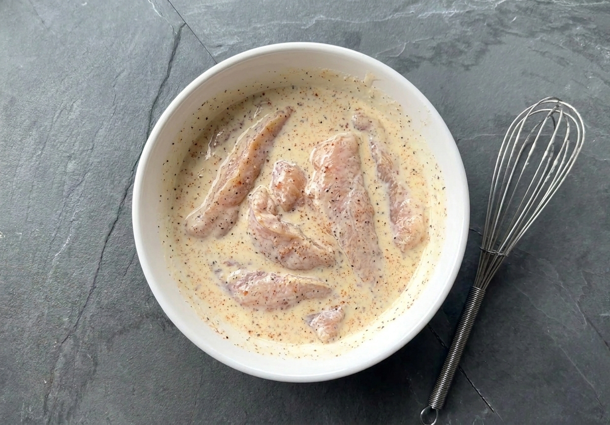 Raw chicken tenderloins soaking in a bowl of buttermilk with visible spices, on a light kitchen counter with a whisk nearby