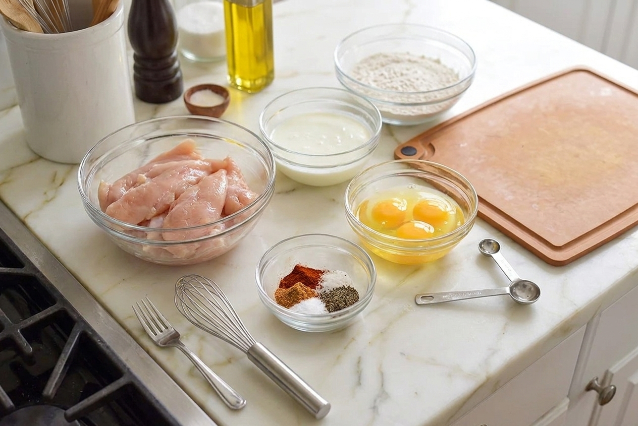 Raw chicken tenders, buttermilk, flour, spices, and eggs arranged on a bright kitchen counter