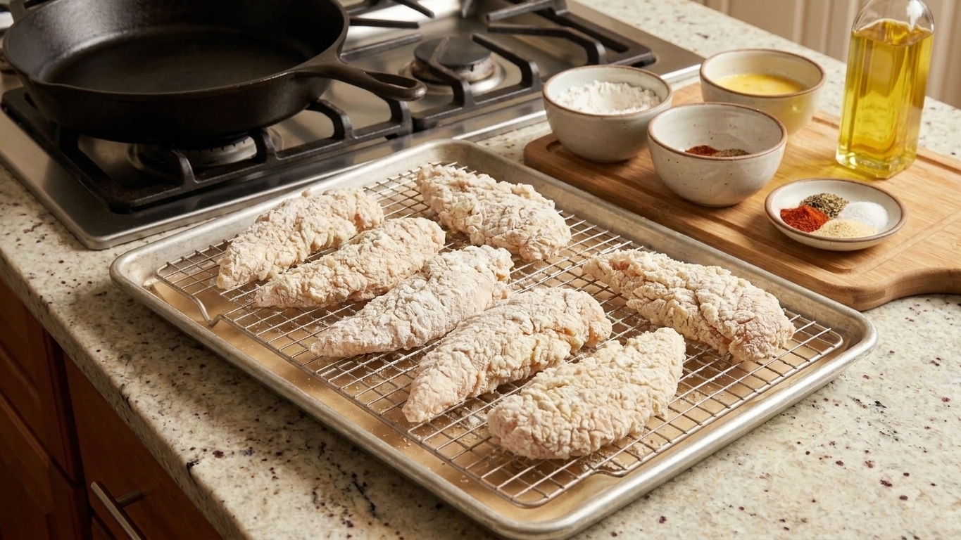 Raw chicken tenders coated in a pale, craggy breading resting on a wire rack over a sheet pan before frying