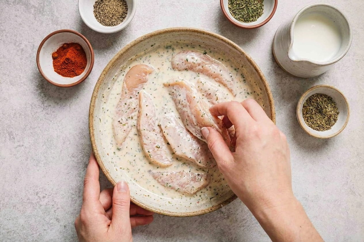 Raw chicken tenders soaking in a bowl of seasoned buttermilk on a kitchen counter