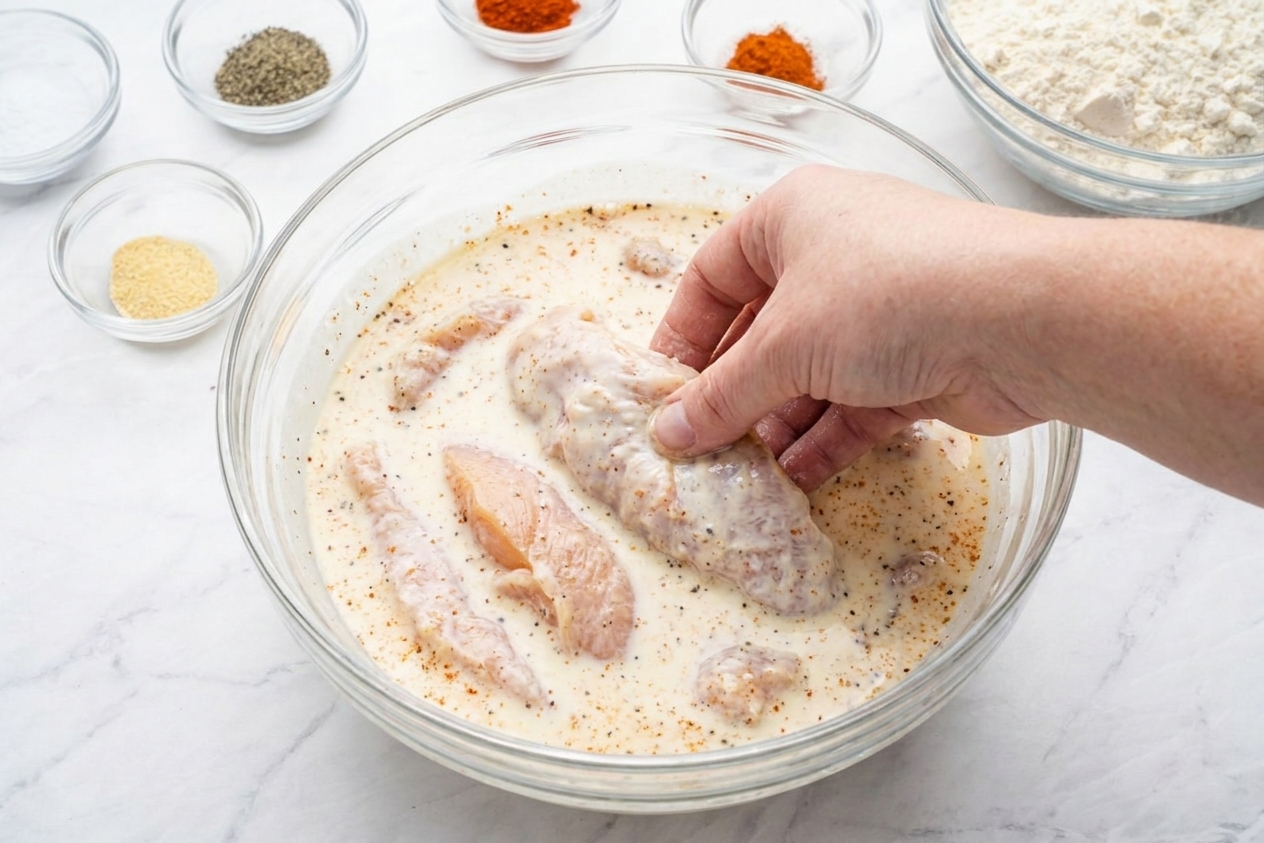 Raw chicken tenders soaking in a bowl of seasoned buttermilk on a kitchen counter