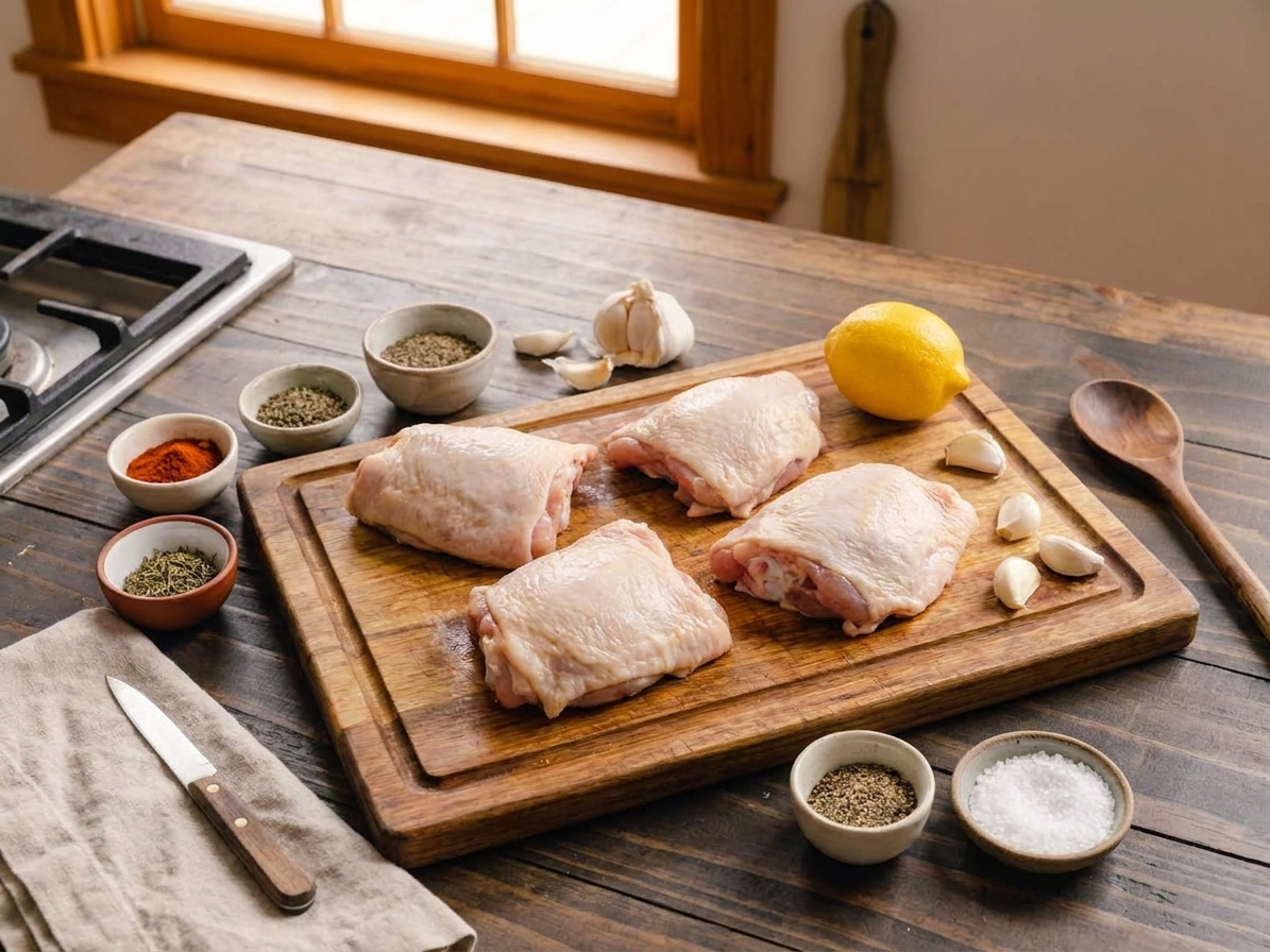 Raw chicken thighs, a lemon, garlic cloves, and small bowls of spices arranged on a light kitchen counter
