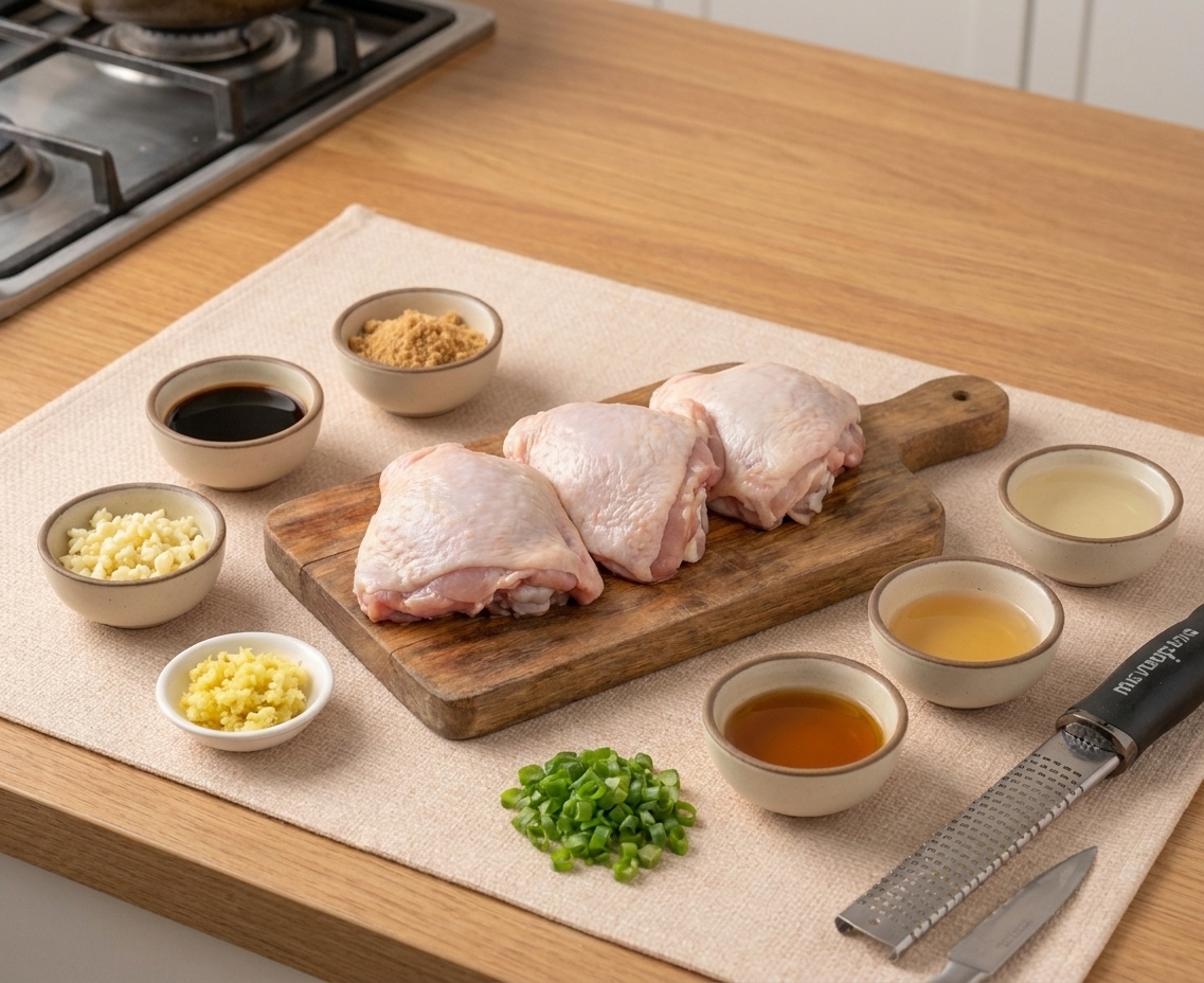 Raw chicken thighs and small bowls of soy sauce, brown sugar, garlic, ginger, rice vinegar, and sesame oil arranged on a bright kitchen counter