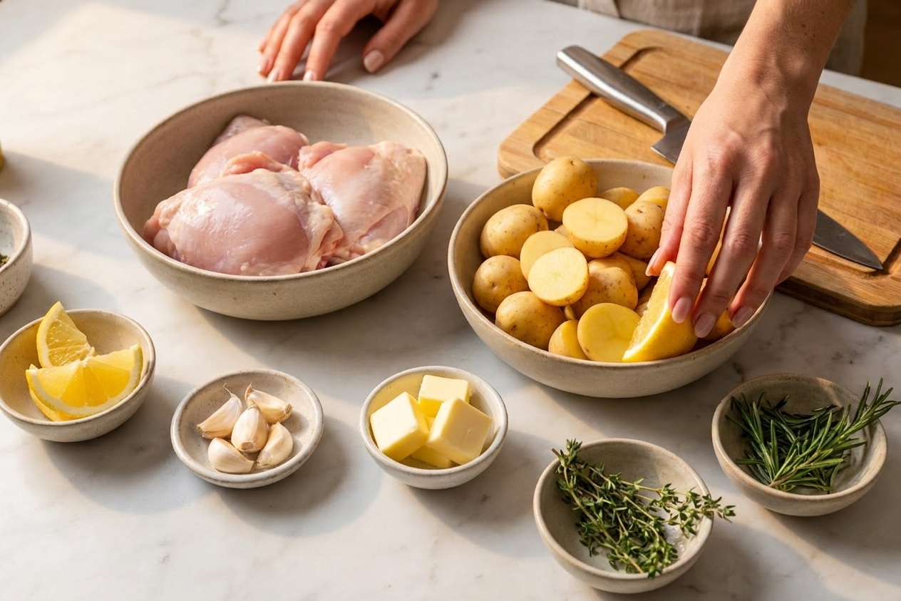 Raw chicken thighs, baby potatoes, garlic, butter, lemon, and herbs arranged in small bowls on a clean kitchen counter under warm light