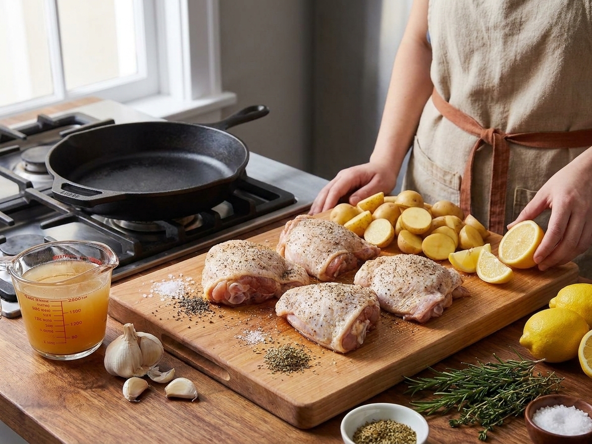 Raw chicken thighs, baby potatoes, lemon, garlic, broth, and herbs arranged on a tidy kitchen counter with warm natural light