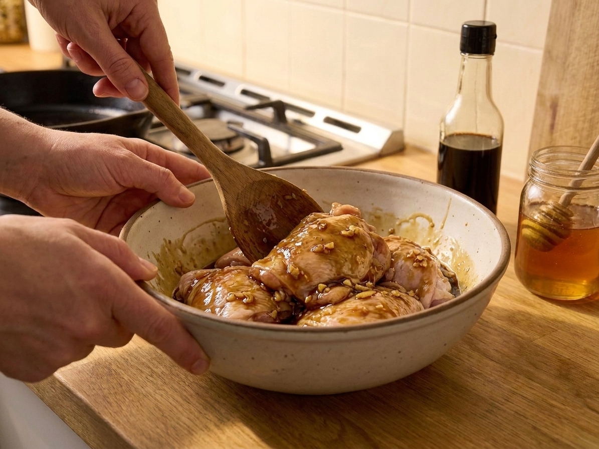 Raw chicken thighs being tossed in a bowl with a glossy soy honey garlic sauce