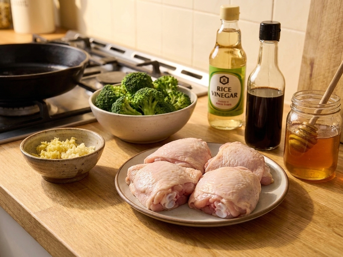 Raw chicken thighs, broccoli florets, soy sauce, honey, garlic, ginger, and rice vinegar arranged on a light kitchen counter
